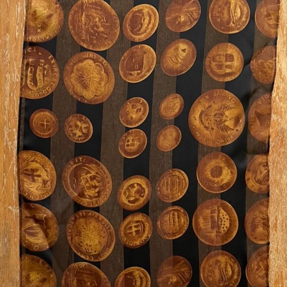 Vintage Ancient Coin Print Scarf 1990s Elaine Gold Novelty Coins Neckscarf - Picture 3 of 5